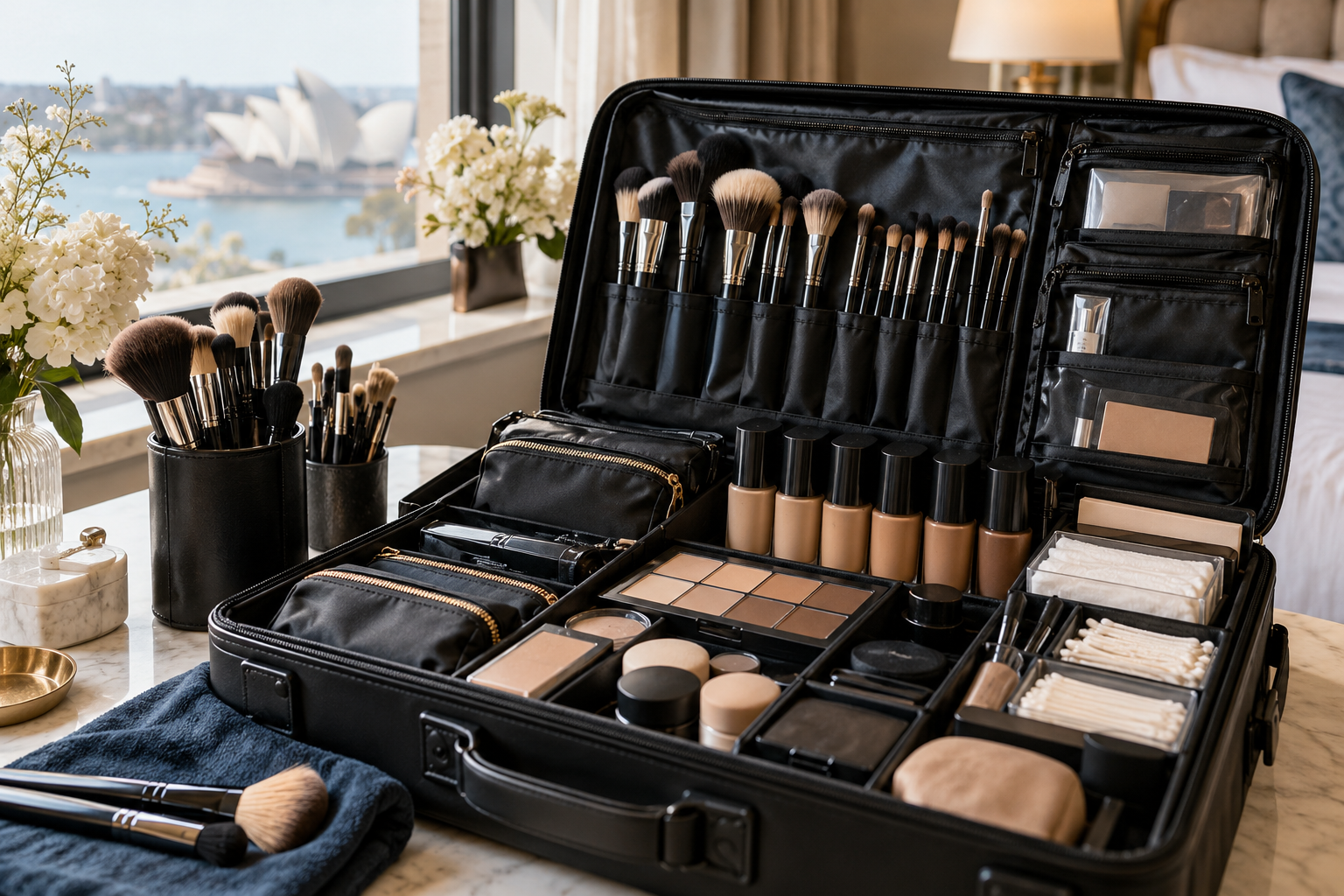 An organised professional makeup kit open on a marble table with brushes, foundations and palettes