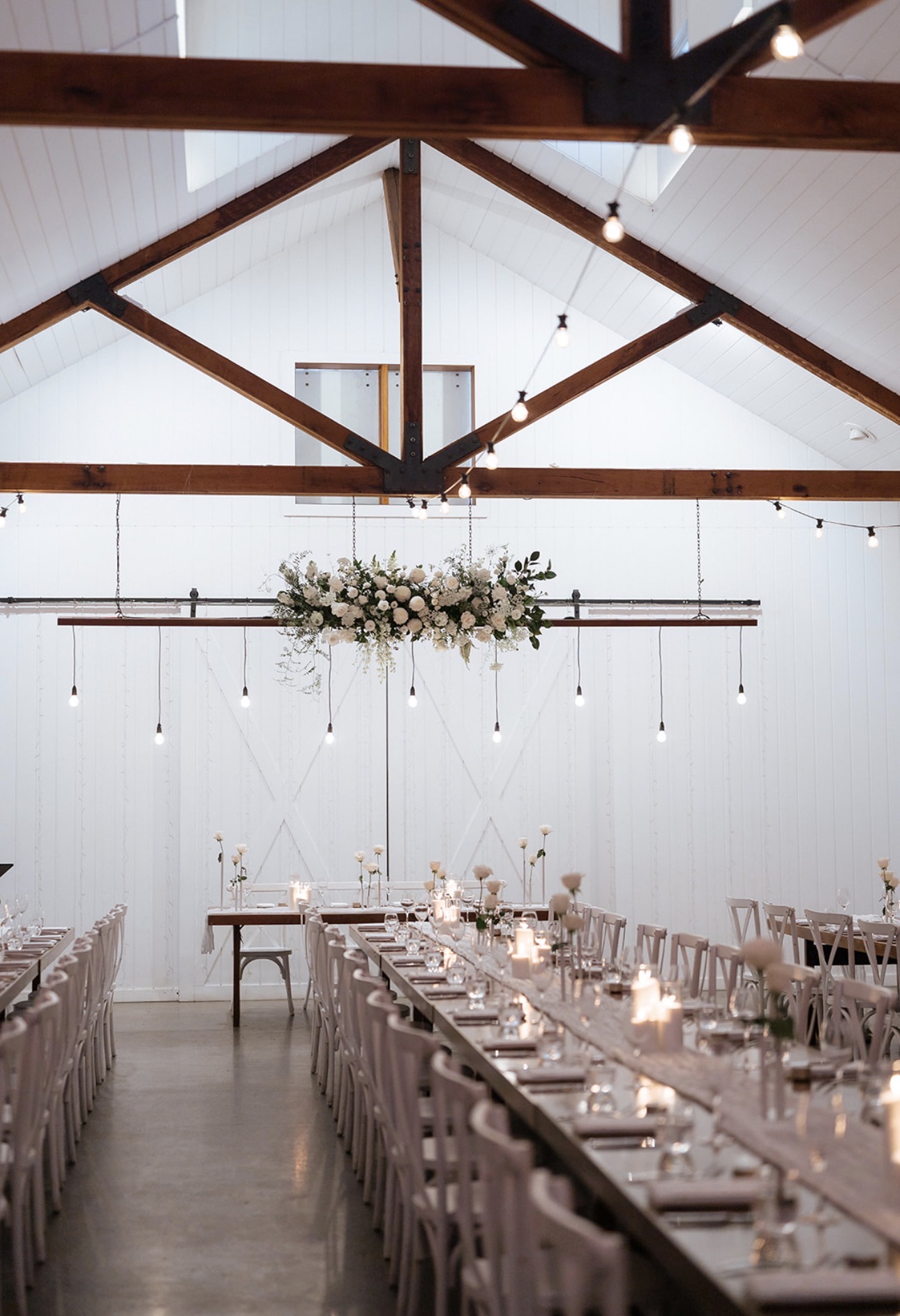 Reception venue with hanging florals