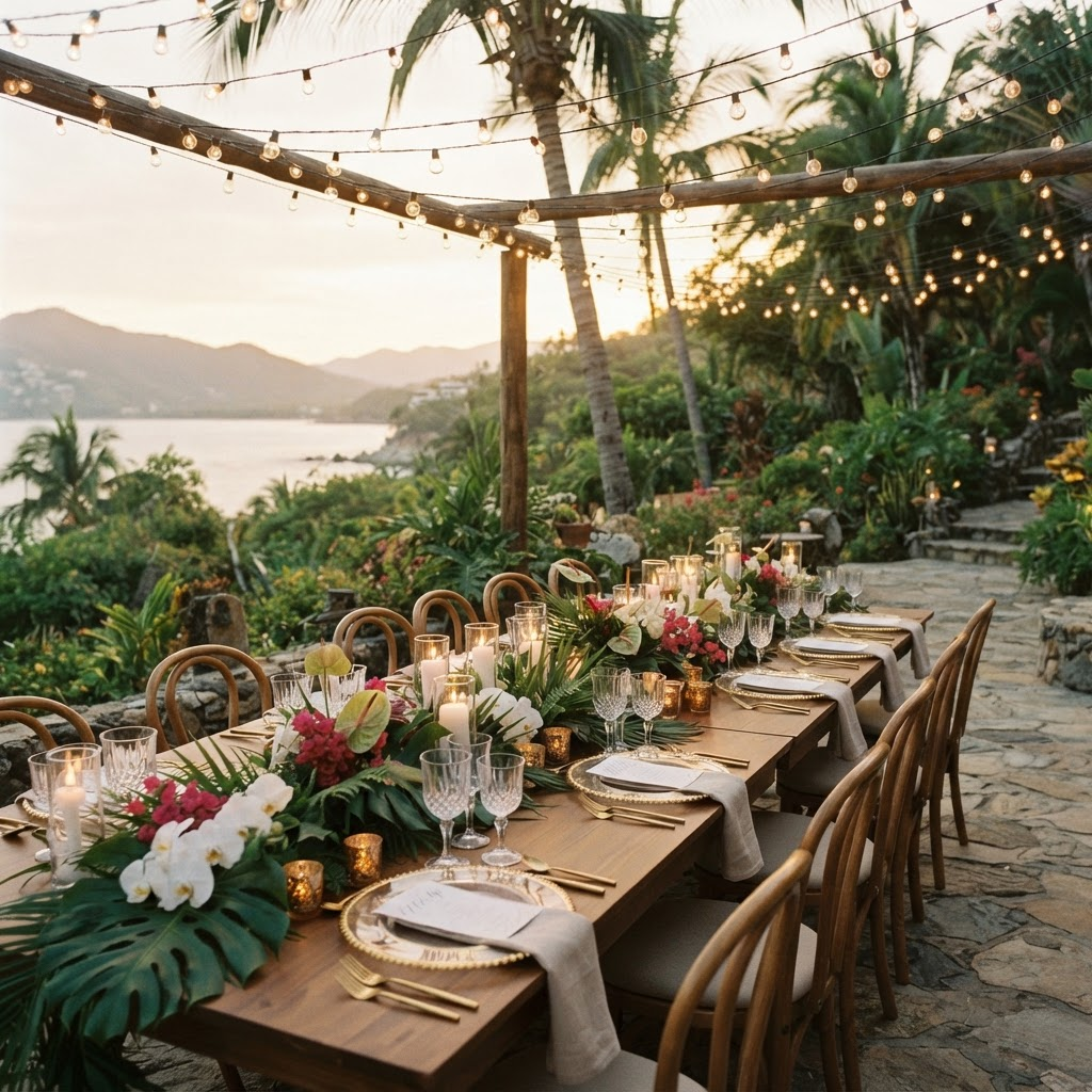 Elegant destination wedding reception at golden hour
