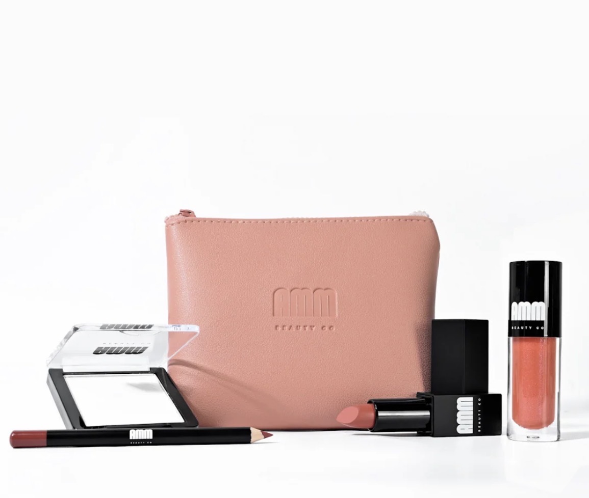 AMM Beauty Co. bridal touch-up kit with pouch, pressed powder, lip liner, lipstick and lip gloss